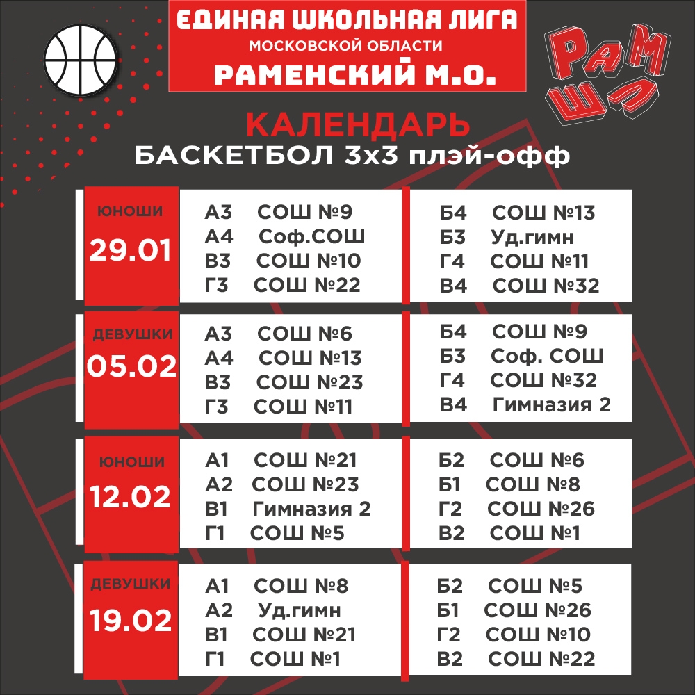Расписание игр Единой школьной лиги Раменского м.о. Баскетбол 3Х3 плей-офф